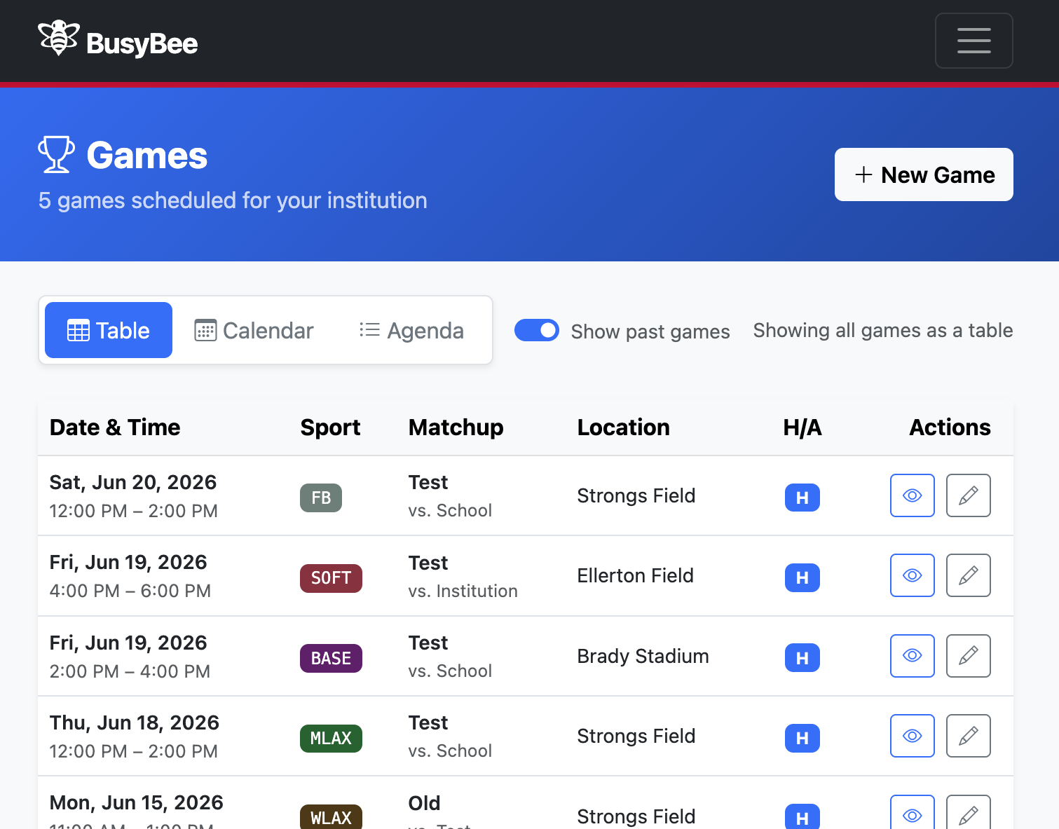 A screenshot of the BusyBee games view